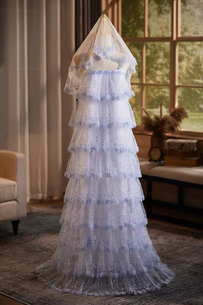 Romantic Lavender Tiered Tulle Prom Dress with Beaded Lace Hooded Veil – Loveydress