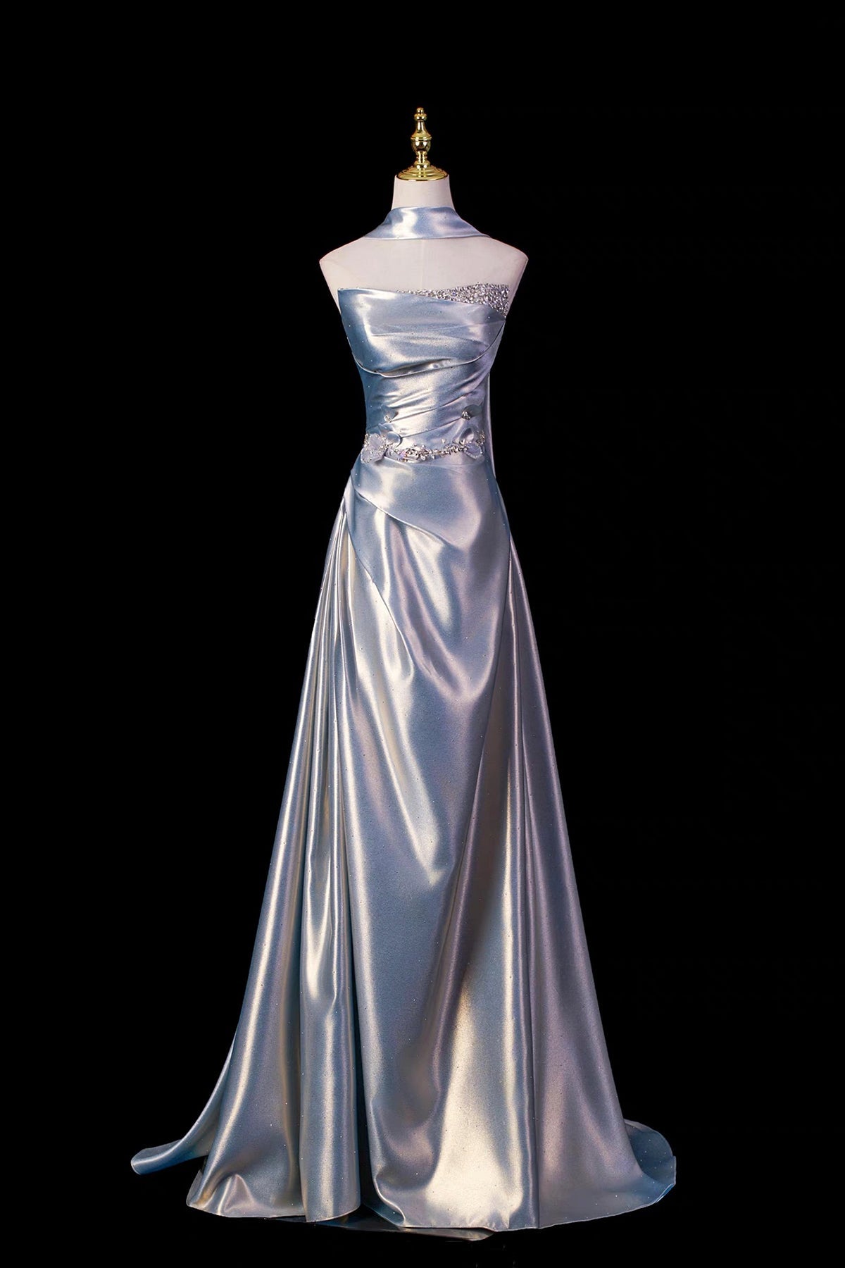 Silver Gray Satin Halter Evening Gown with Crystal Belt