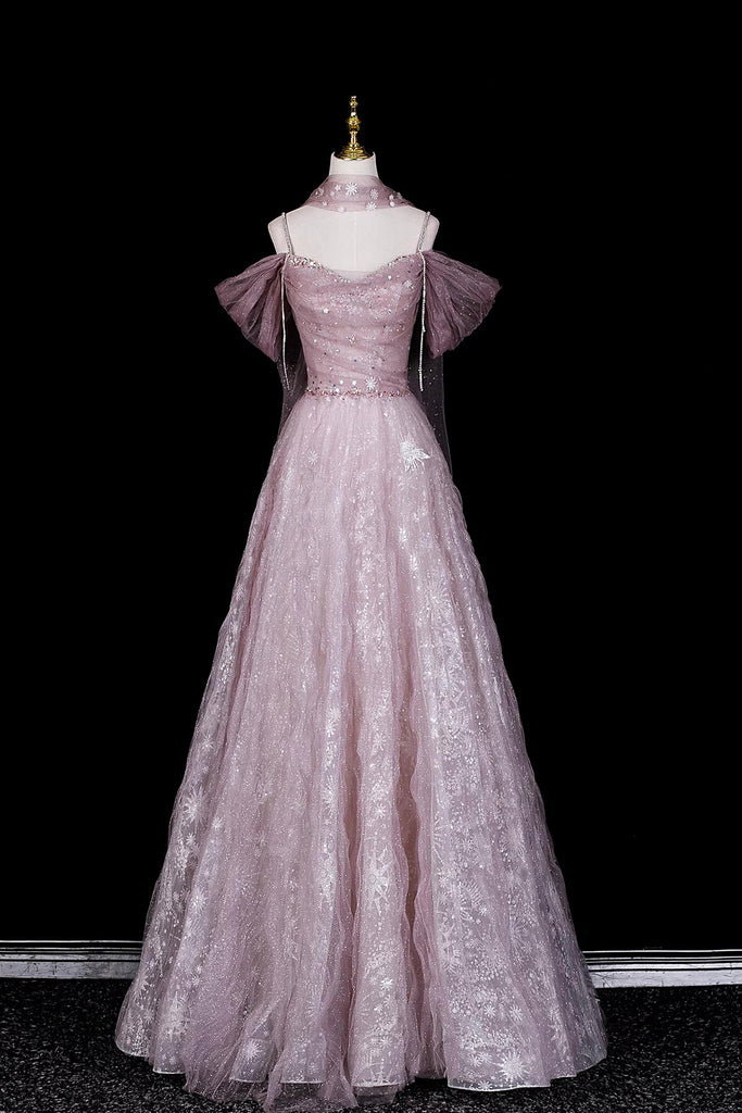 Sparkly Dusty Pink Off-the-Shoulder Prom Dress, A-Line Formal Dress with Sheer Scarf US 16 / Pink