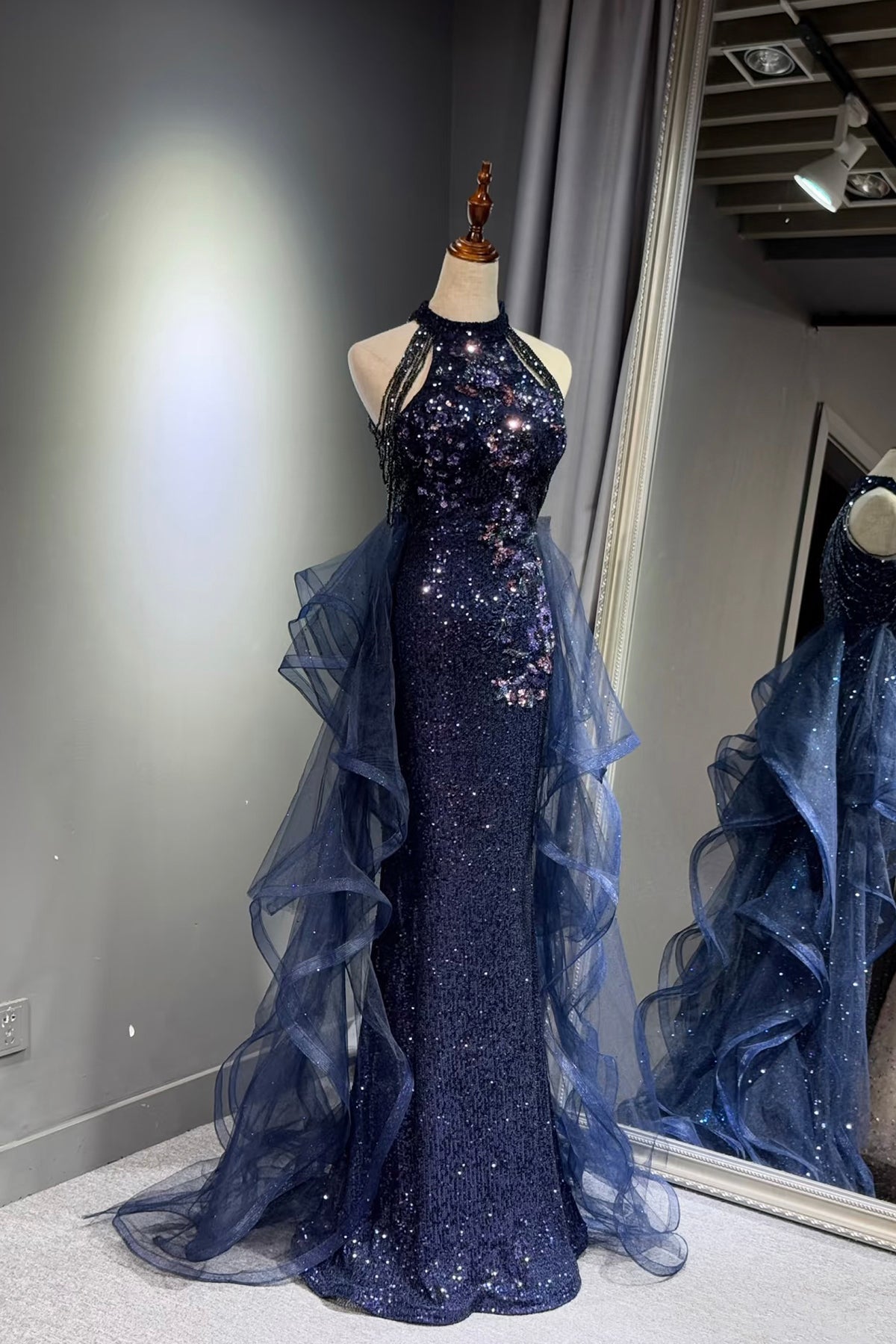 navy halter formal dress Sparkly Blue Mermaid Evening Gown with Tulle Train for Events US 6 / Custom Color navy blue halter dress
