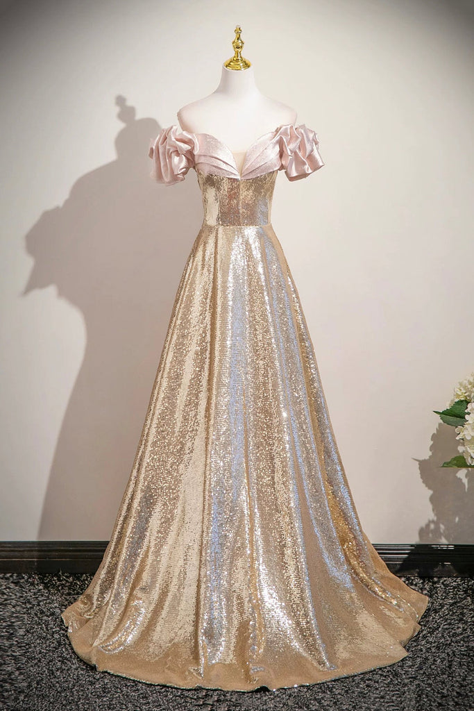 sparkly graduation dresses Sequins Long Prom Dress, A-Line Off the Shoulder Long Dress 3D Floral Short Glitter modest bridesmaids . Fit:Tall Standard size