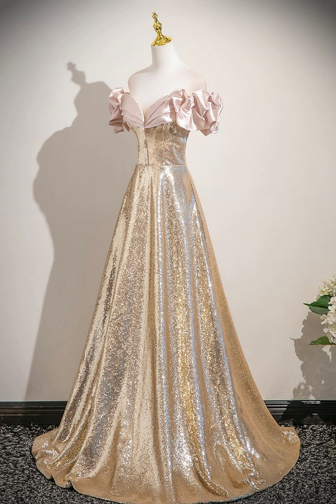gold sequin graduation dress Sparkly Sequins Long Prom Dress, A-Line Off the Shoulder Long Graduati – Loveydress elegant gold gown