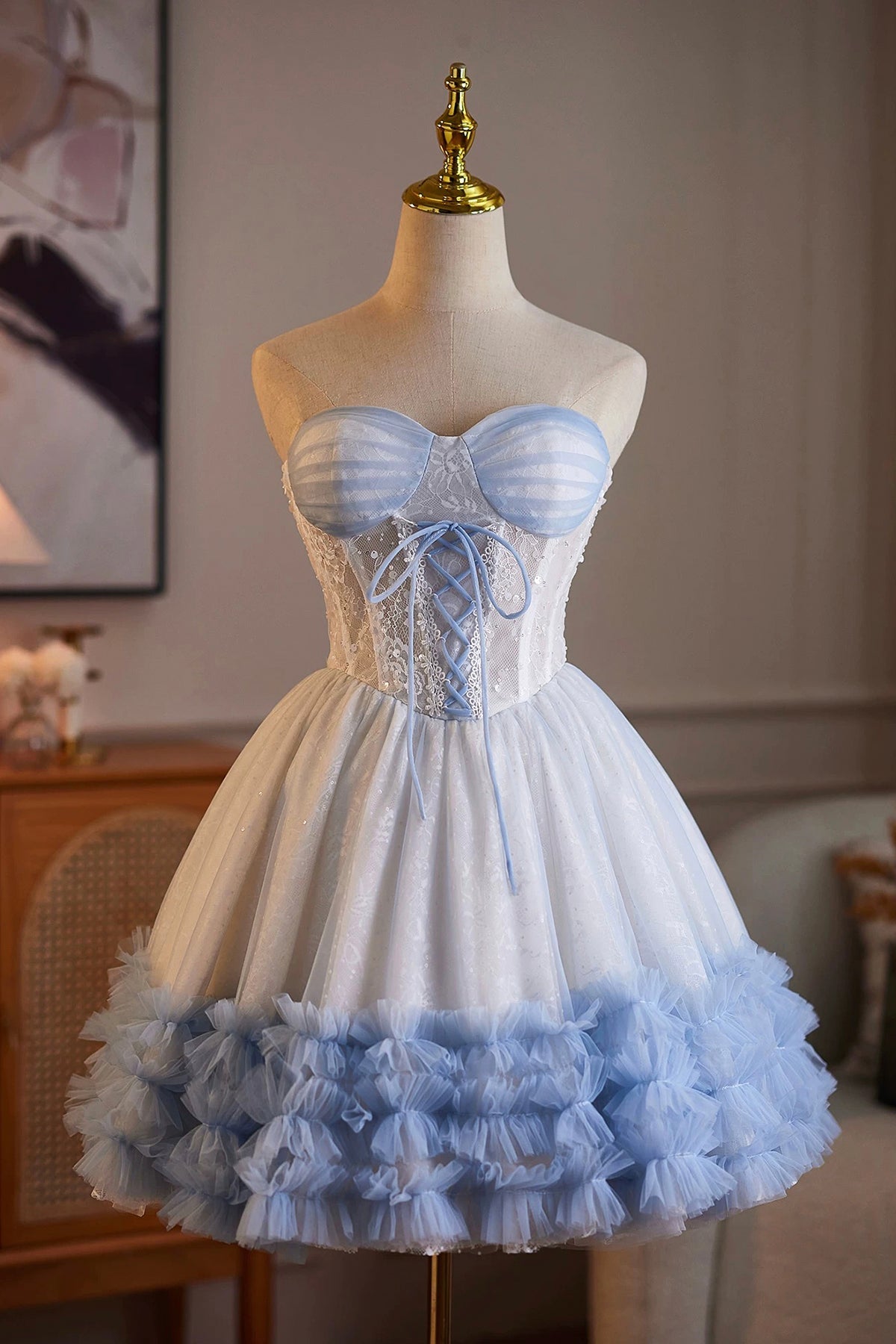 Sweetheart Neck White and Blue Ruffle Tulle Dress
