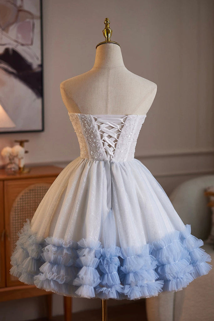 Sweetheart Neck White and Blue Ruffle Tulle Dress