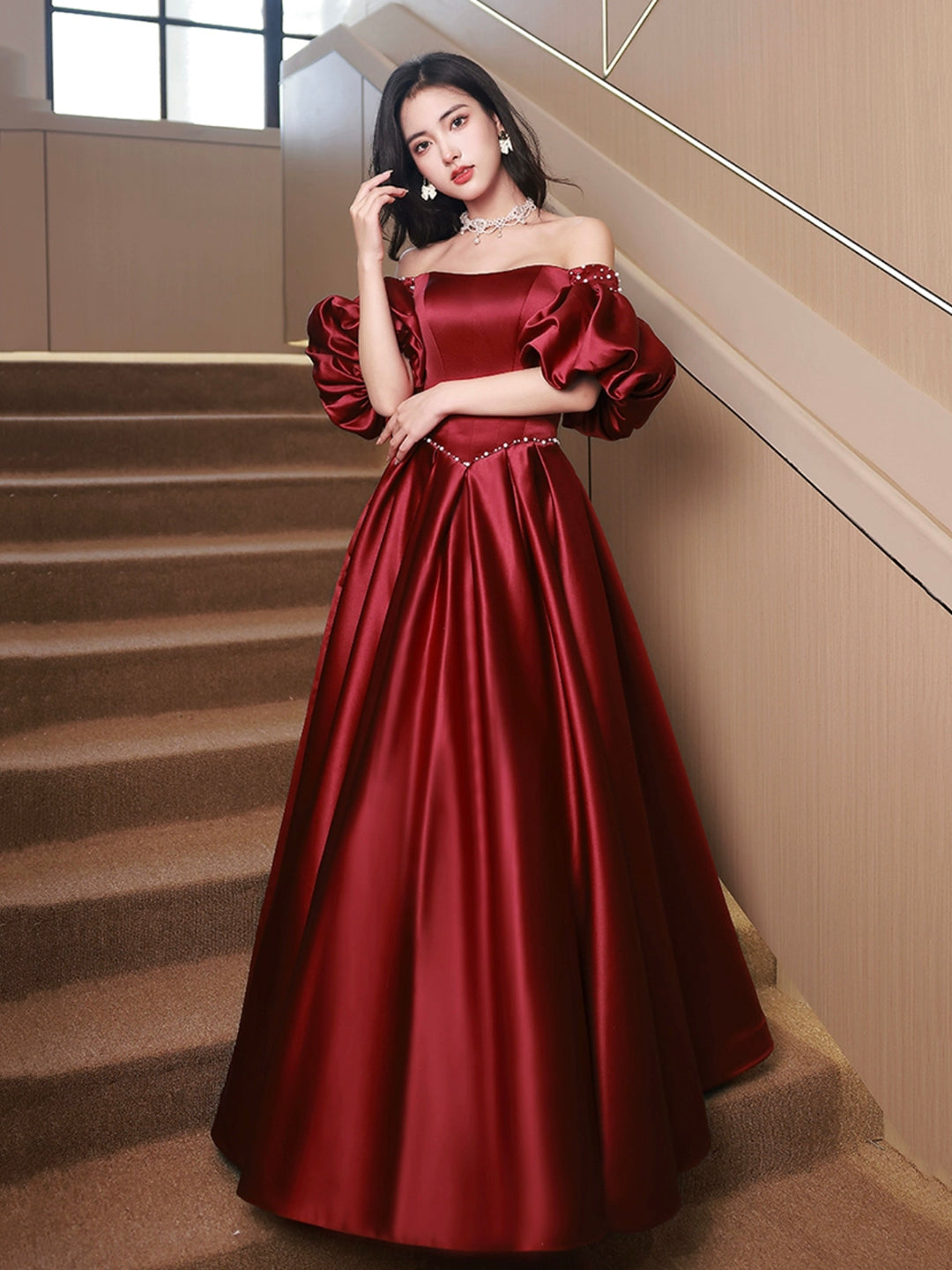 Burgundy Satin Floor Length Prom Dress, Off the Shoulder Short Sleeve