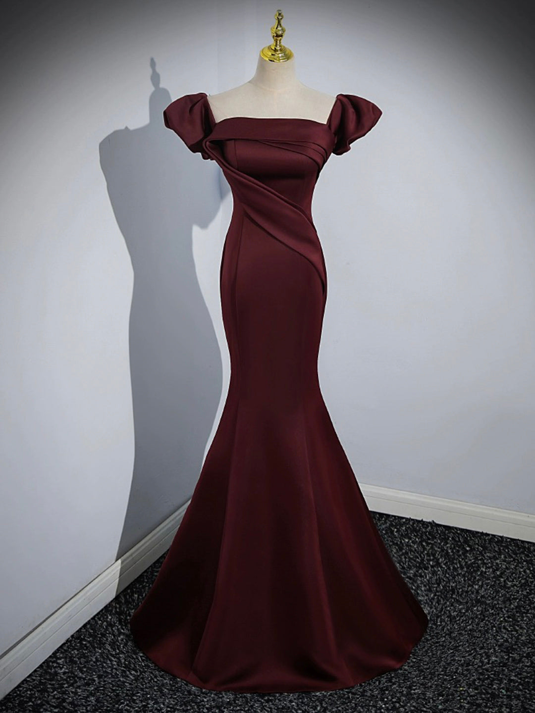 Burgundy Satin Long Prom Dress, Mermaid Off the Shoulder Evening Party