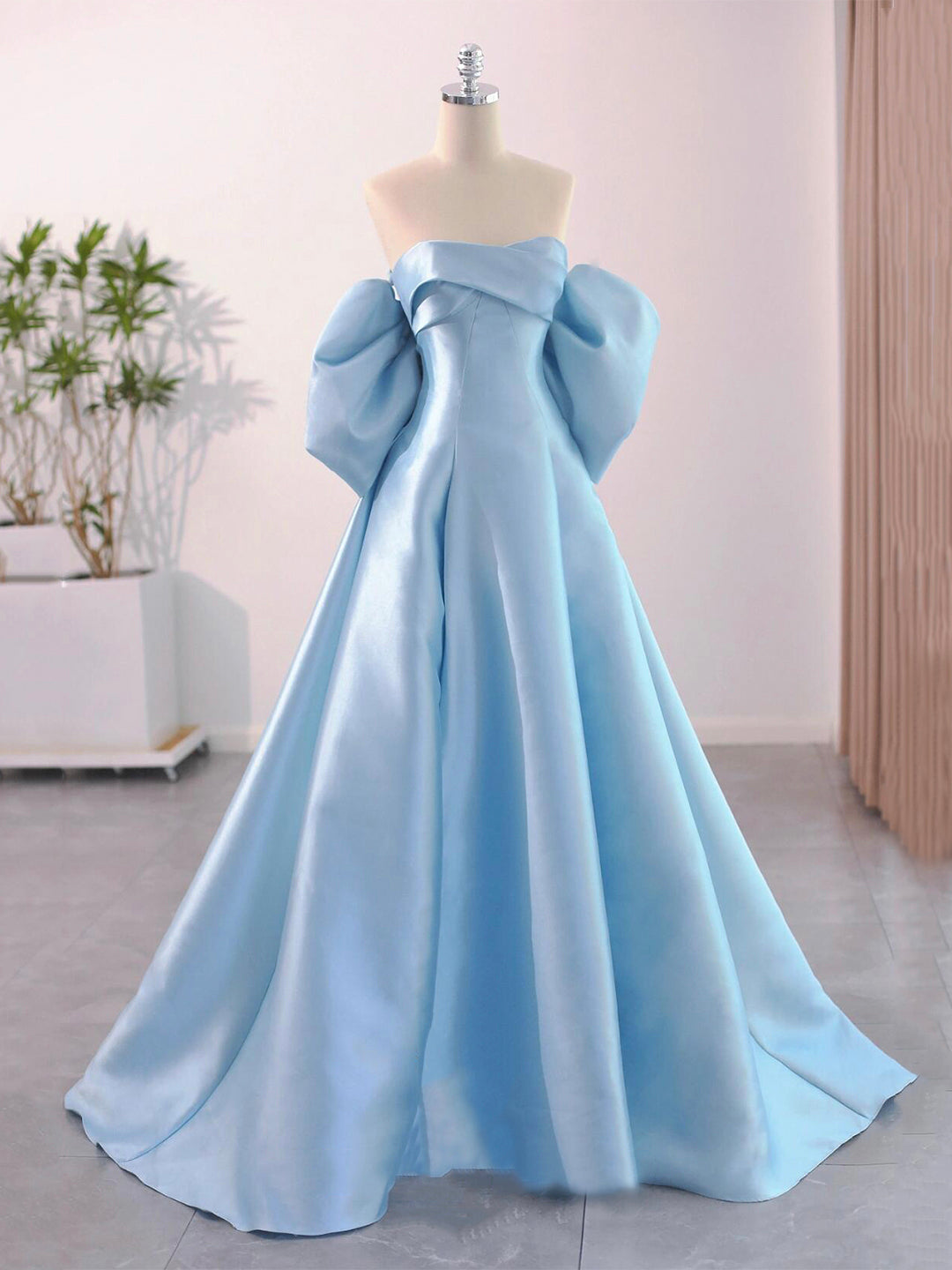 Blue Satin Floor Length Prom Dress with Bow, Beautiful A-Line Party Dr