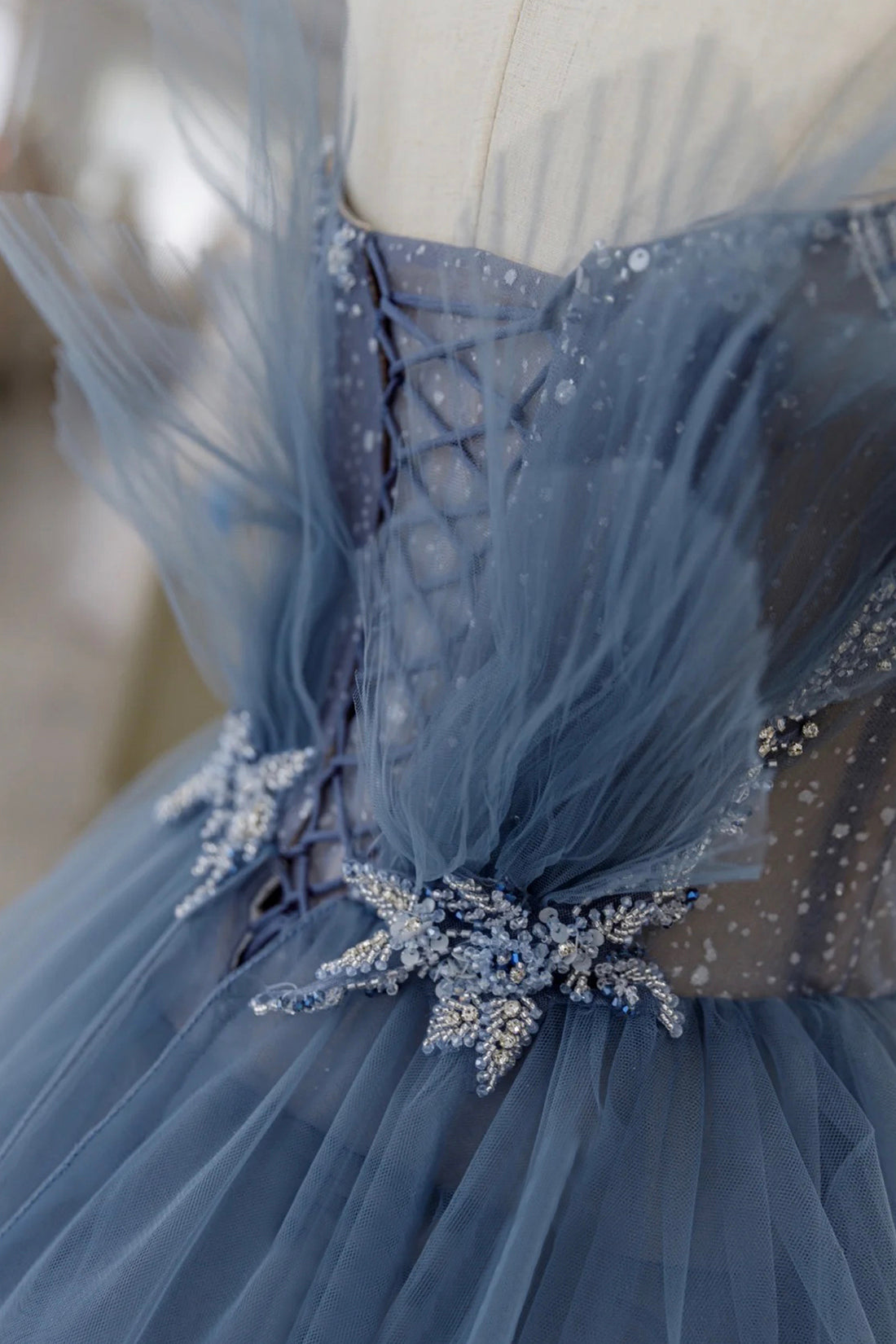 Blue Tulle Layers Straps Beaded Long Prom Dresses, A-Line Evening Dresses Custom Size / Blue Blue Tulle Layers Straps Beaded Long Prom Dresses, A-Line Evening Dresses Custom Size / Blue