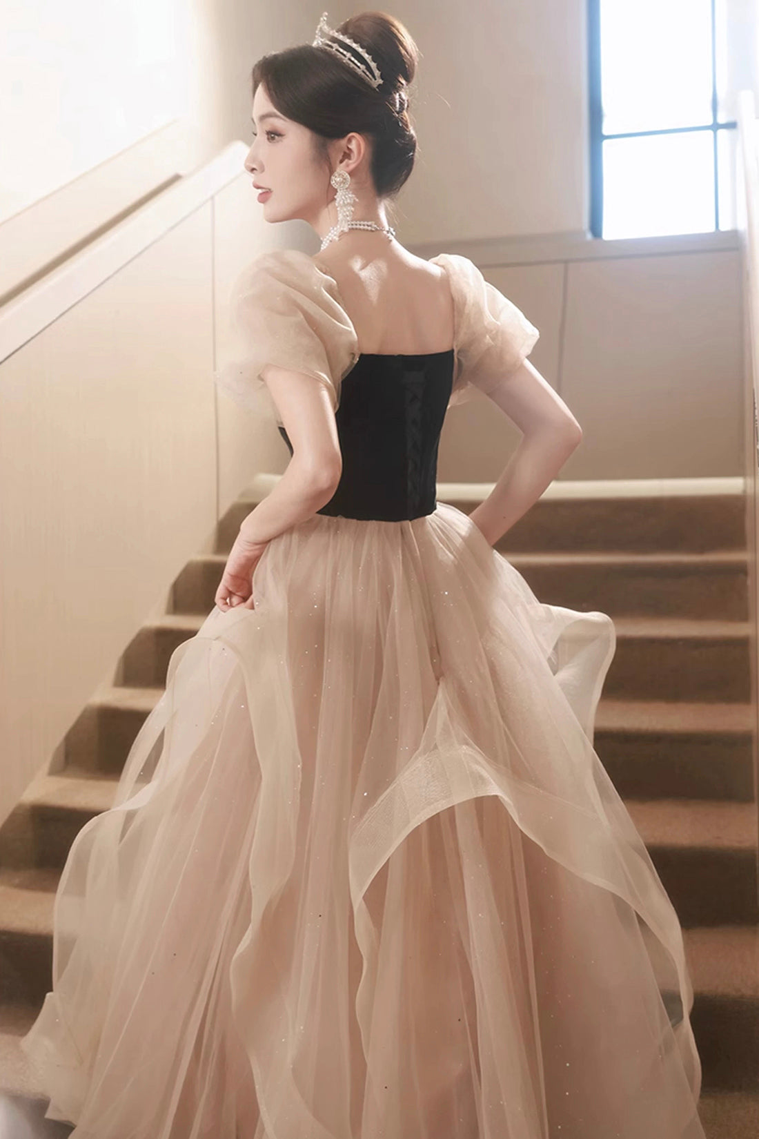 Black and Champagne Sweetheart Tulle Long Party Dress, Lovely A-Line E