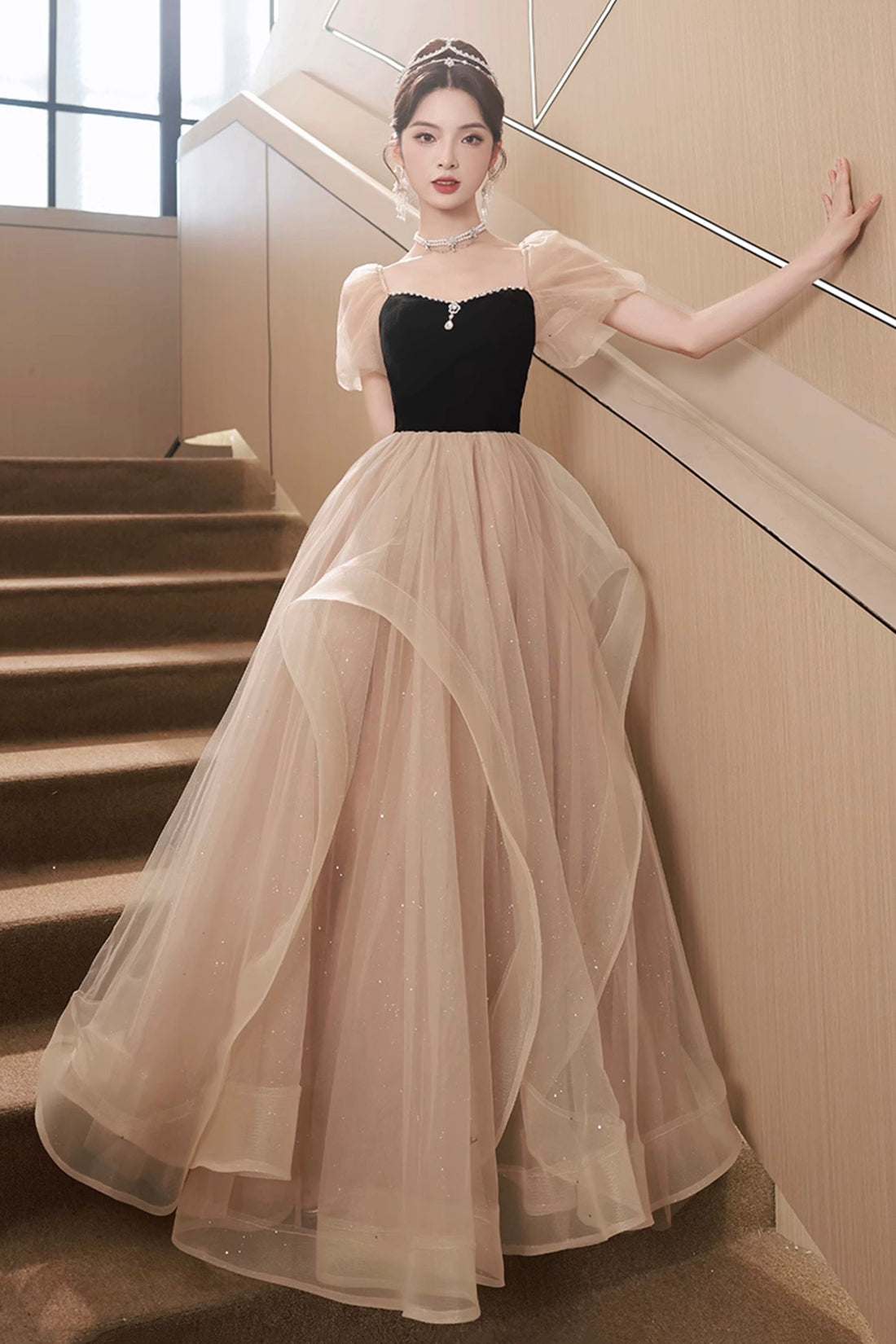 Black and Champagne Sweetheart Tulle Long Party Dress, Lovely A-Line E