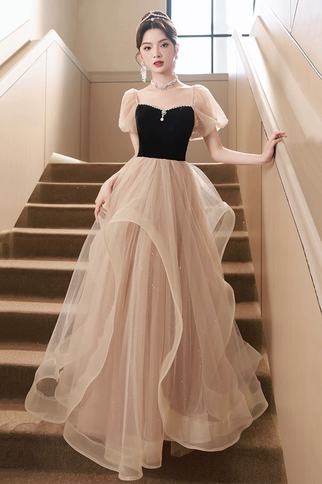 Black and Champagne Sweetheart Tulle Long Party Dress, Lovely A-Line Evening Dress US 16 / Picture Color Black and Champagne Sweetheart Tulle Long Party Dress, Lovely A-Line Evening Dress US 16 / Picture Color