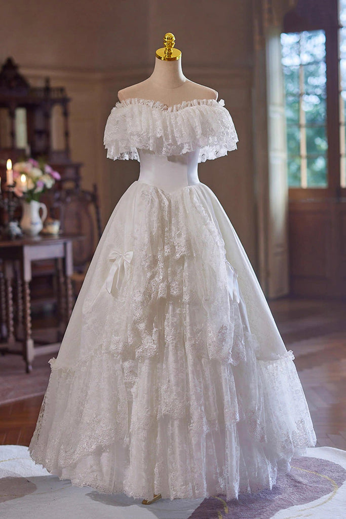 Vintage Off-Shoulder Lace Ball Gown Wedding Dress with Tiered Ruffles Custom Size / Custom Color