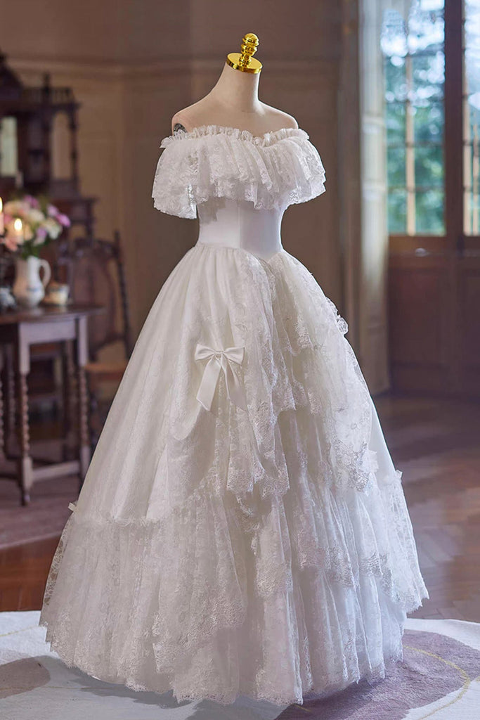 ruffle off shoulder wedding dress Off the Shoulder Satin Bridal Gown with Ruffled Sleeves and Train JB43896