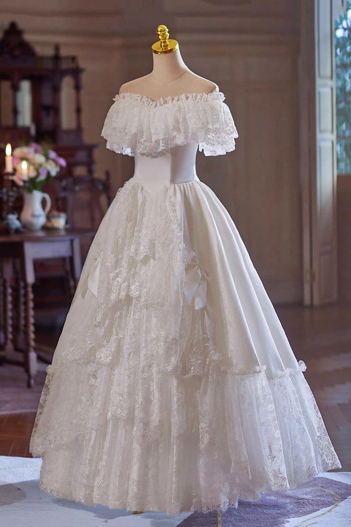 Vintage Off-Shoulder Lace Ball Gown Wedding Dress with Tiered Ruffles – Loveydress