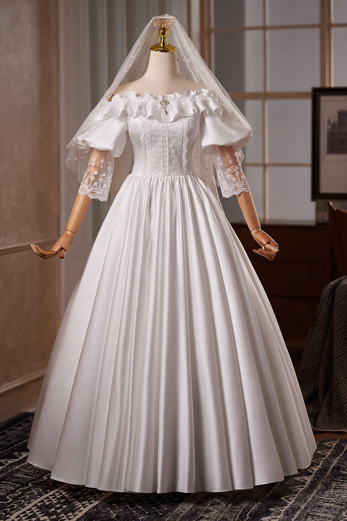 vintage long sleeve satin wedding dress Unbranded Vintage 80s White Satin Beaded Long Sleeve Wedding Dress with Train 12