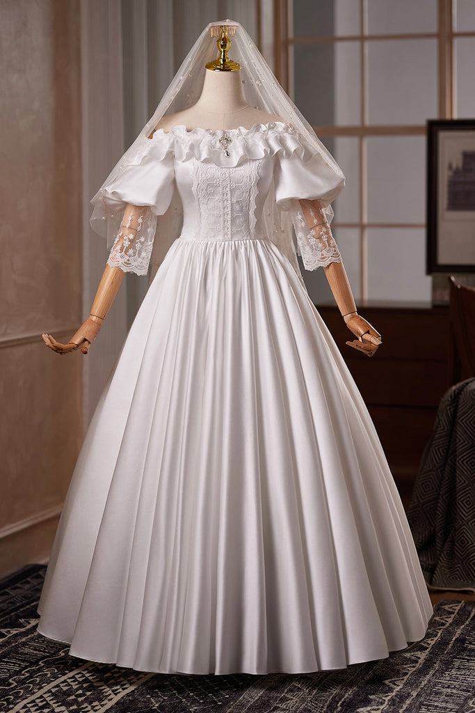 Vintage Off-Shoulder Satin Wedding Dress with Lace Sleeves and Corset – Loveydress