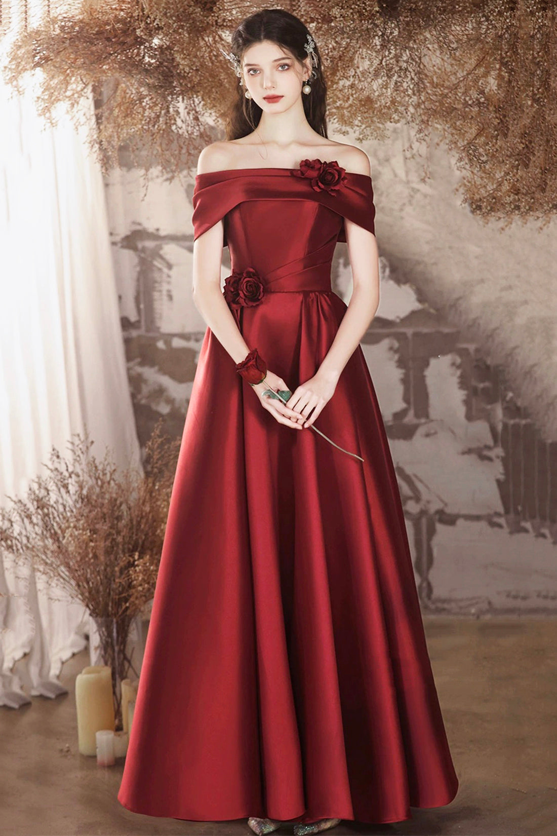 Burgundy Satin Long Prom Dress, Beautiful Off the Shoulder A-Line Evening Party Dress US 16 / Burgundy Burgundy Satin Long Prom Dress, Beautiful Off the Shoulder A-Line Evening Party Dress US 16 / Burgundy