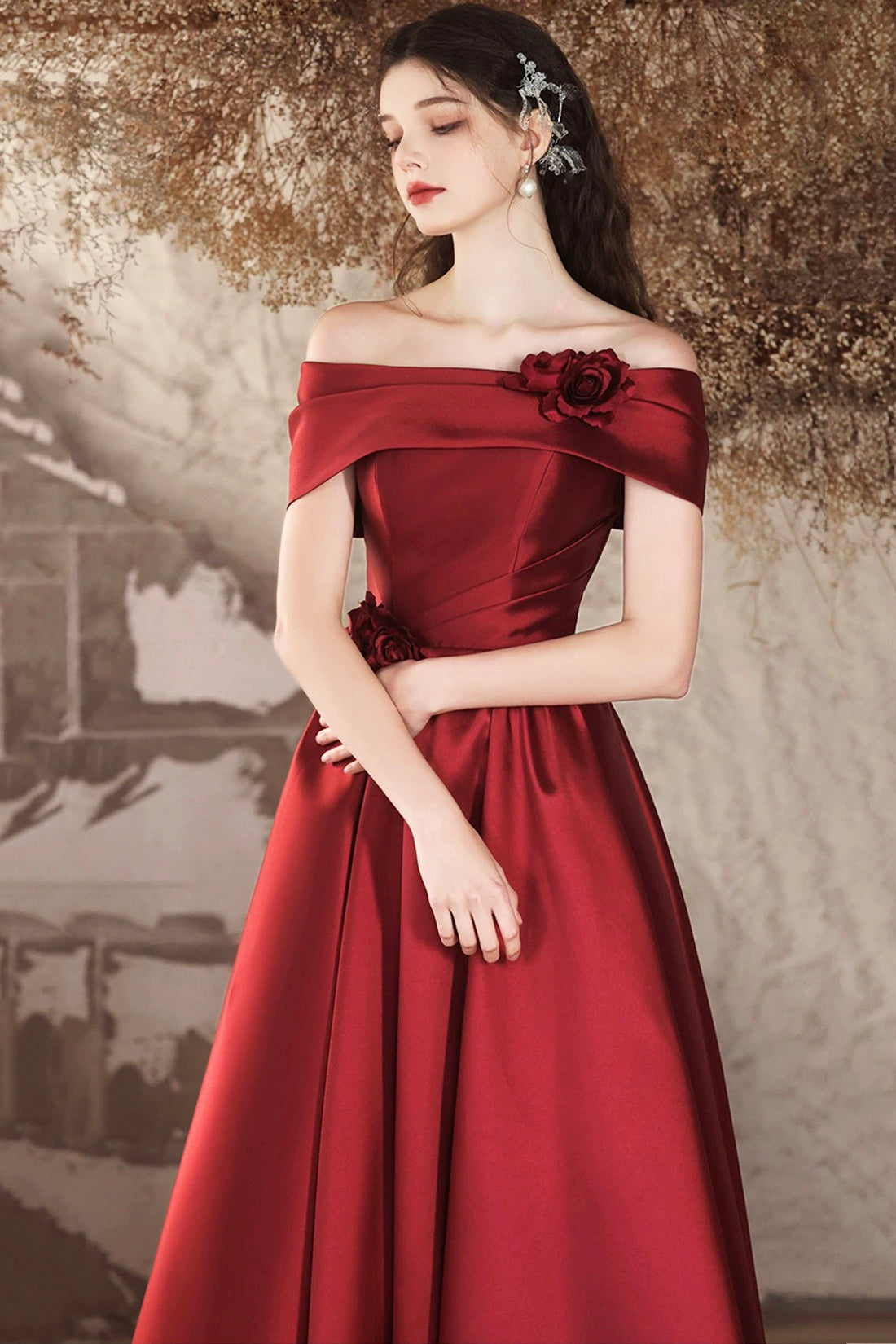 Burgundy Satin Long Prom Dress, Beautiful Off the Shoulder A-Line Even ...