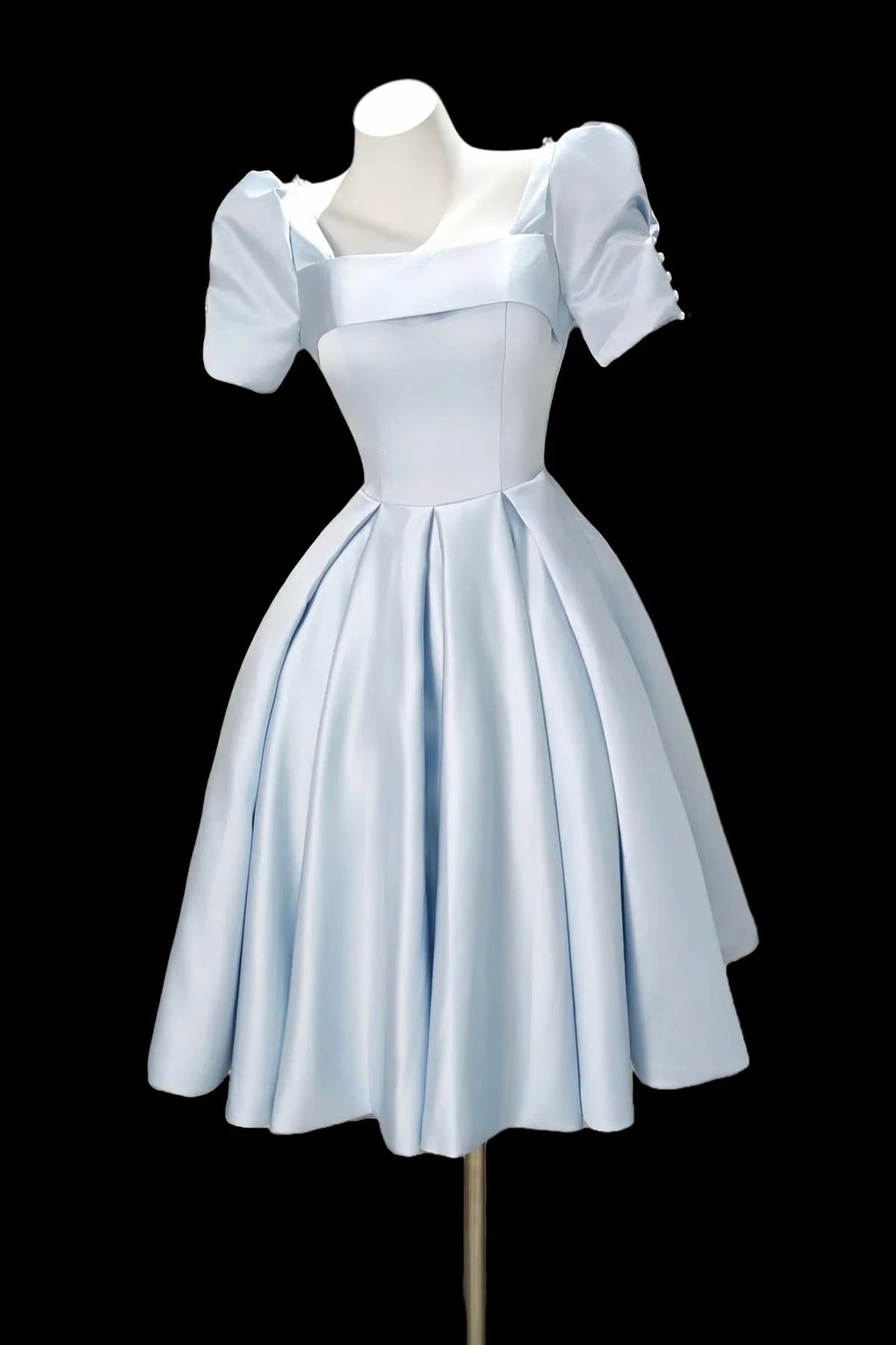 Vintage Light Blue Satin Short Sleeve Mini Dress - Square Neck A-Line Party Gown US 8 / Light Blue Vintage Light Blue Satin Short Sleeve Mini Dress - Square Neck A-Line Party Gown US 8 / Light Blue