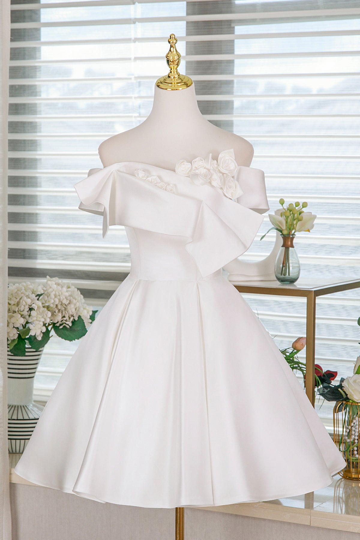 white off the shoulder tea length dress White Satin Off-the-Shoulder A-Line Dress with Floral Appliqué