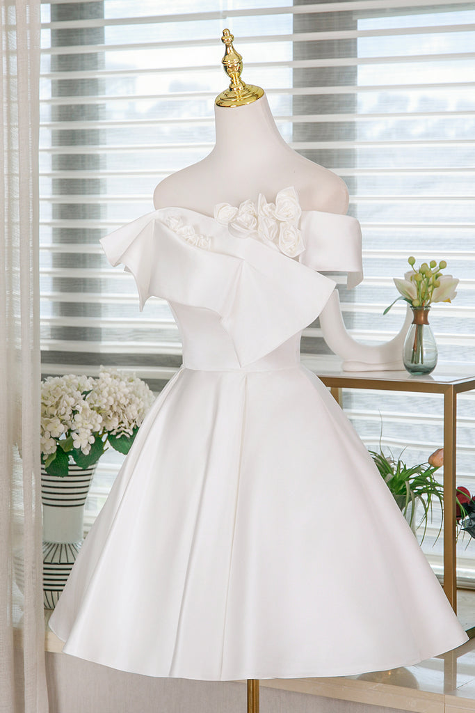 white tight off the shoulder dress White Satin Off-the-Shoulder A-Line Dress with Floral Appliqué
