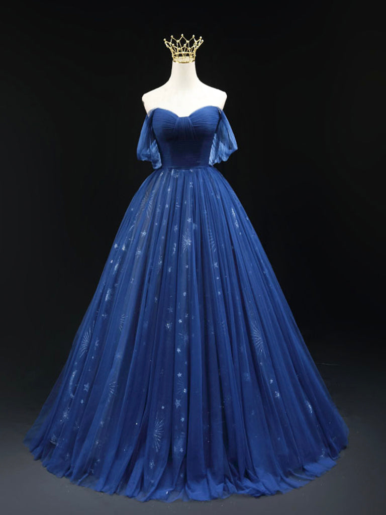 Beautiful Blue Tulle Floor Length Prom Dress, A-Line Off the Shoulder