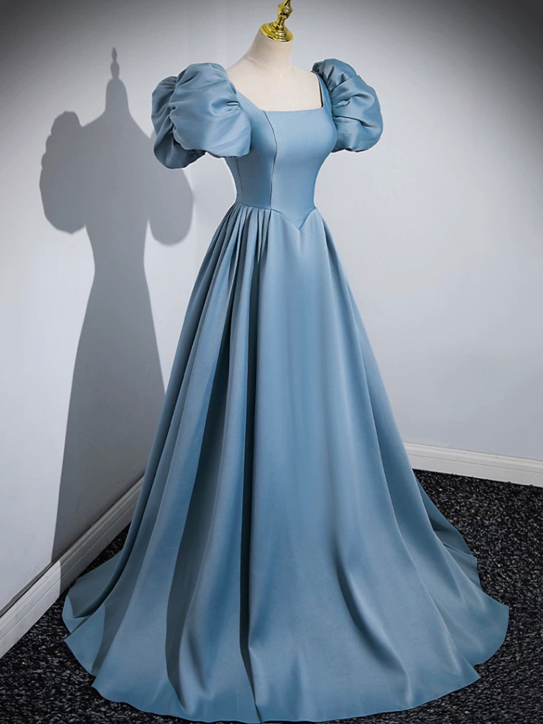 Blue Puff Sleeve Satin Floor Length Prom Dress, Blue A-Line Evening Pa