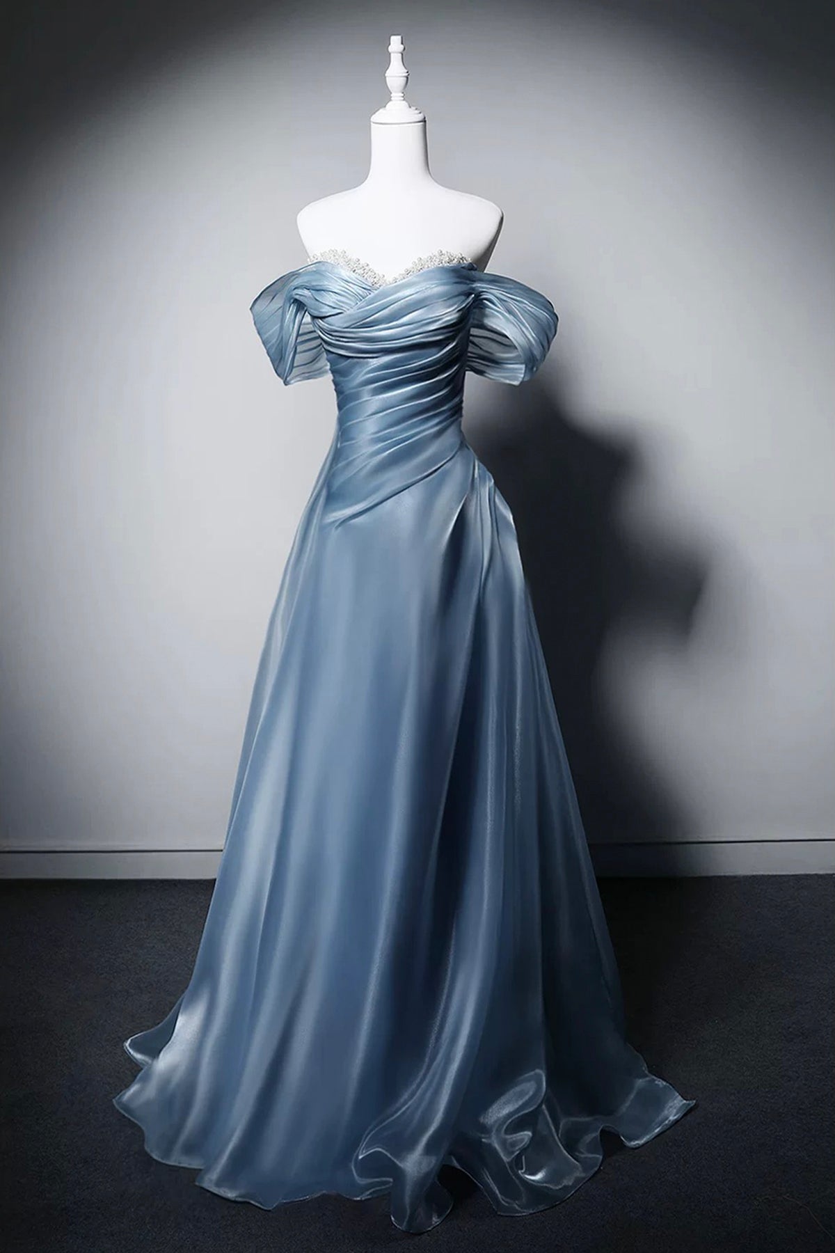 Dusty Blue Off-the-Shoulder Satin Evening Gown - Ruched Bodice A-Line Formal Dress with Beaded Neckline Dusty Blue Off-the-Shoulder Satin Evening Gown - Ruched Bodice A-Line Formal Dress with Beaded Neckline