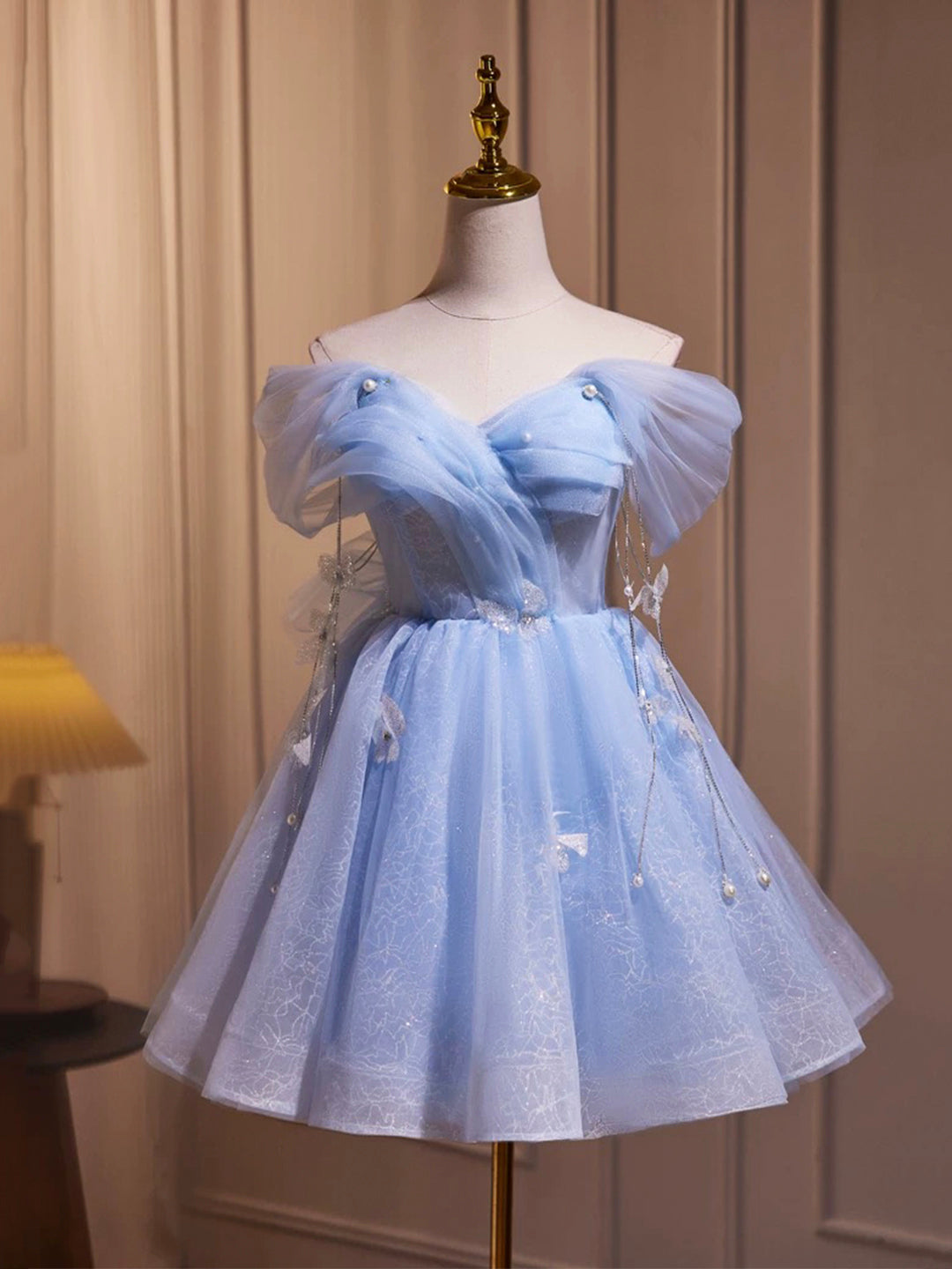 Blue Tulle Short A-Line Prom Dress, Lovely Off The Shoulder Party Dress US 12 / Custom Color Blue Tulle Short A-Line Prom Dress, Lovely Off The Shoulder Party Dress US 12 / Custom Color