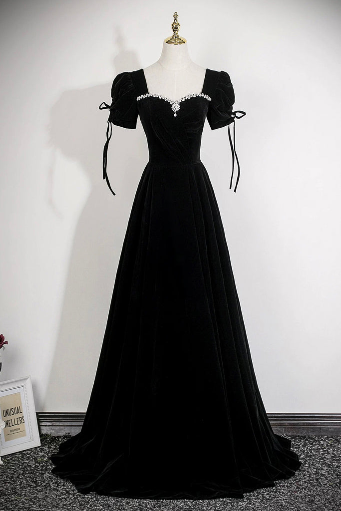 Black Velvet Square Neck Evening Gown, Elegant Formal Dress with Crystal US 2 / Black Black Velvet Square Neck Evening Gown, Elegant Formal Dress with Crystal US 2 / Black