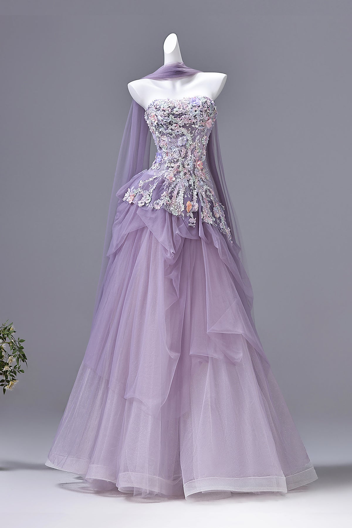Purple Floral Embellished Tulle Prom Gown with Sheer Overlay | Straple Loveydress Purple Floral Embellished Tulle Prom Gown with Sheer Overlay | Straple Loveydress