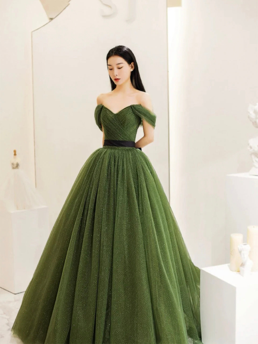Green Tulle Floor Length Prom Dress, Lovely Off the Shoulder Evening P