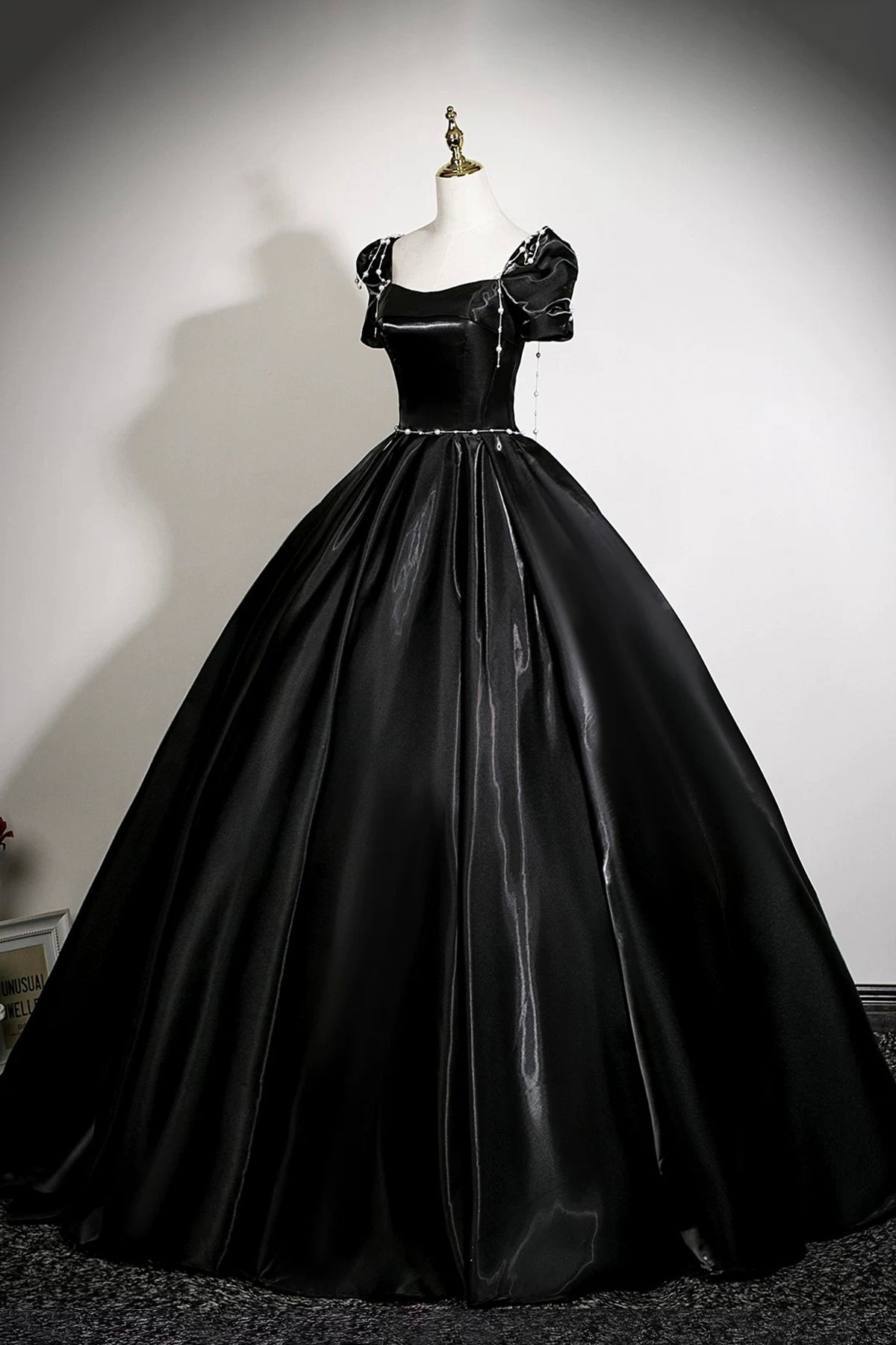 Black Satin Ball Gown with Puff Sleeves Square Neck Formal Evening Dress for Prom US 4 / Black Black Satin Ball Gown with Puff Sleeves Square Neck Formal Evening Dress for Prom US 4 / Black