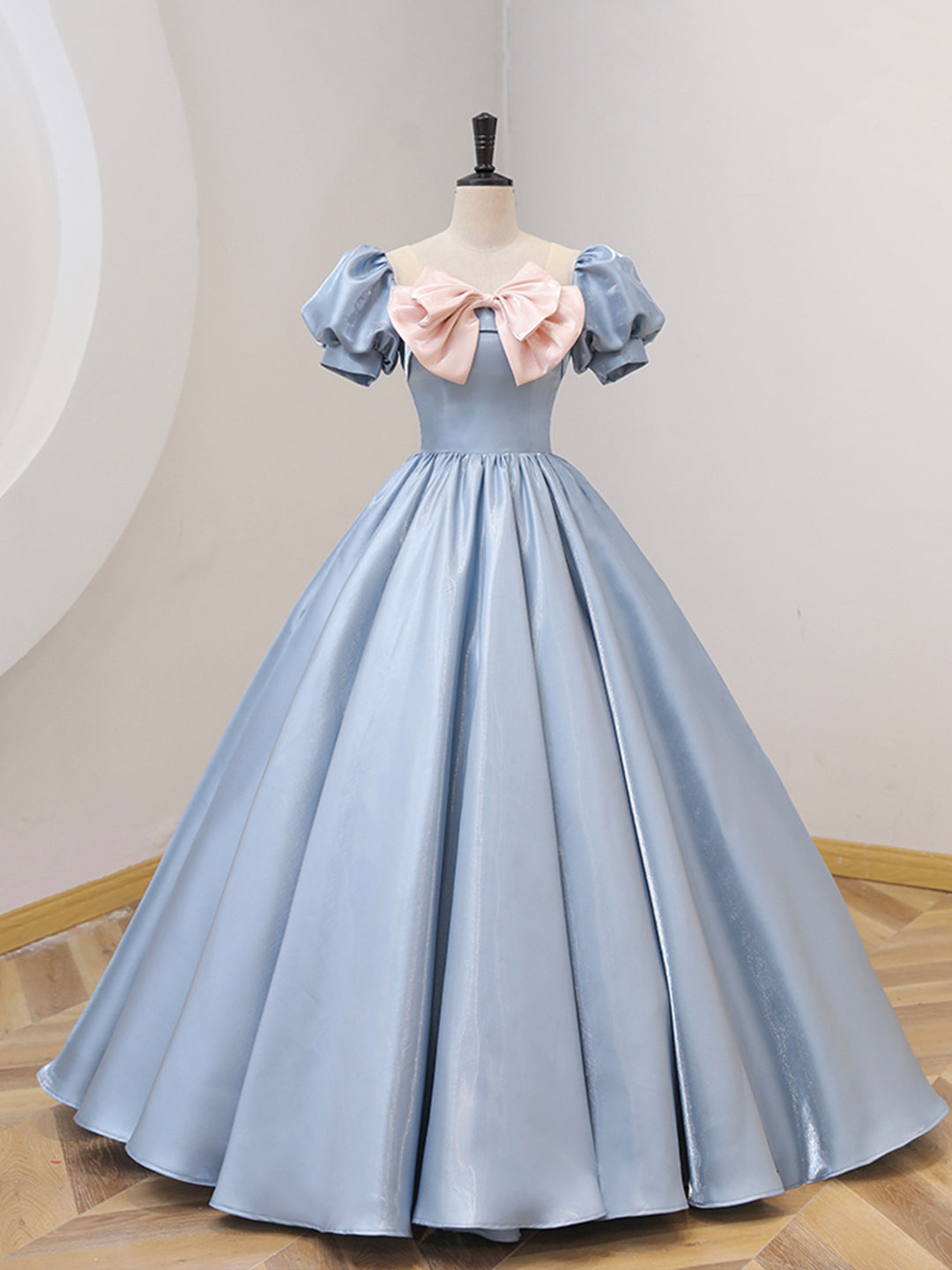 Blue Satin Floor Length Prom Dress with Bow, Blue A-Line Evening Forma – Loveydress