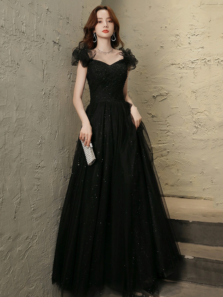 Black Tulle Beaded Long Prom Dress, Short Sleeve Evening Party Dress ...
