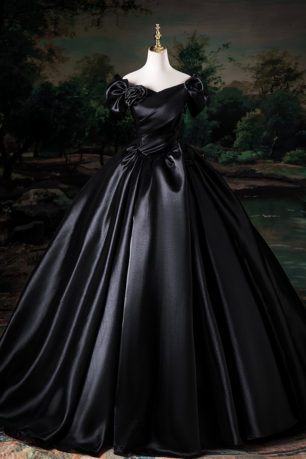 Black Satin Floor Length Prom Dress, Black Off the Shoulder Party Dres