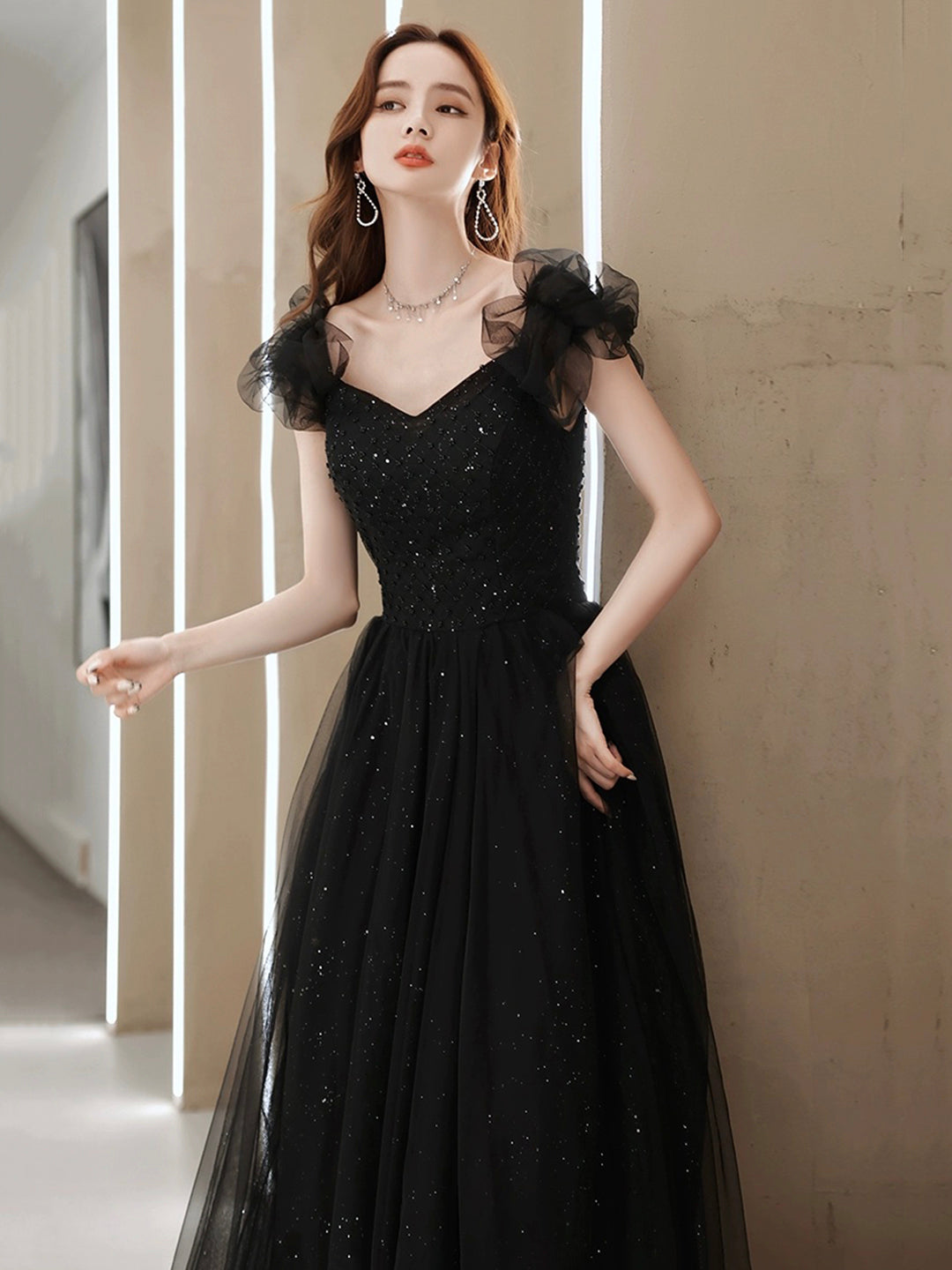 Black Tulle Beaded Long Prom Dress, Short Sleeve Evening Party Dress ...