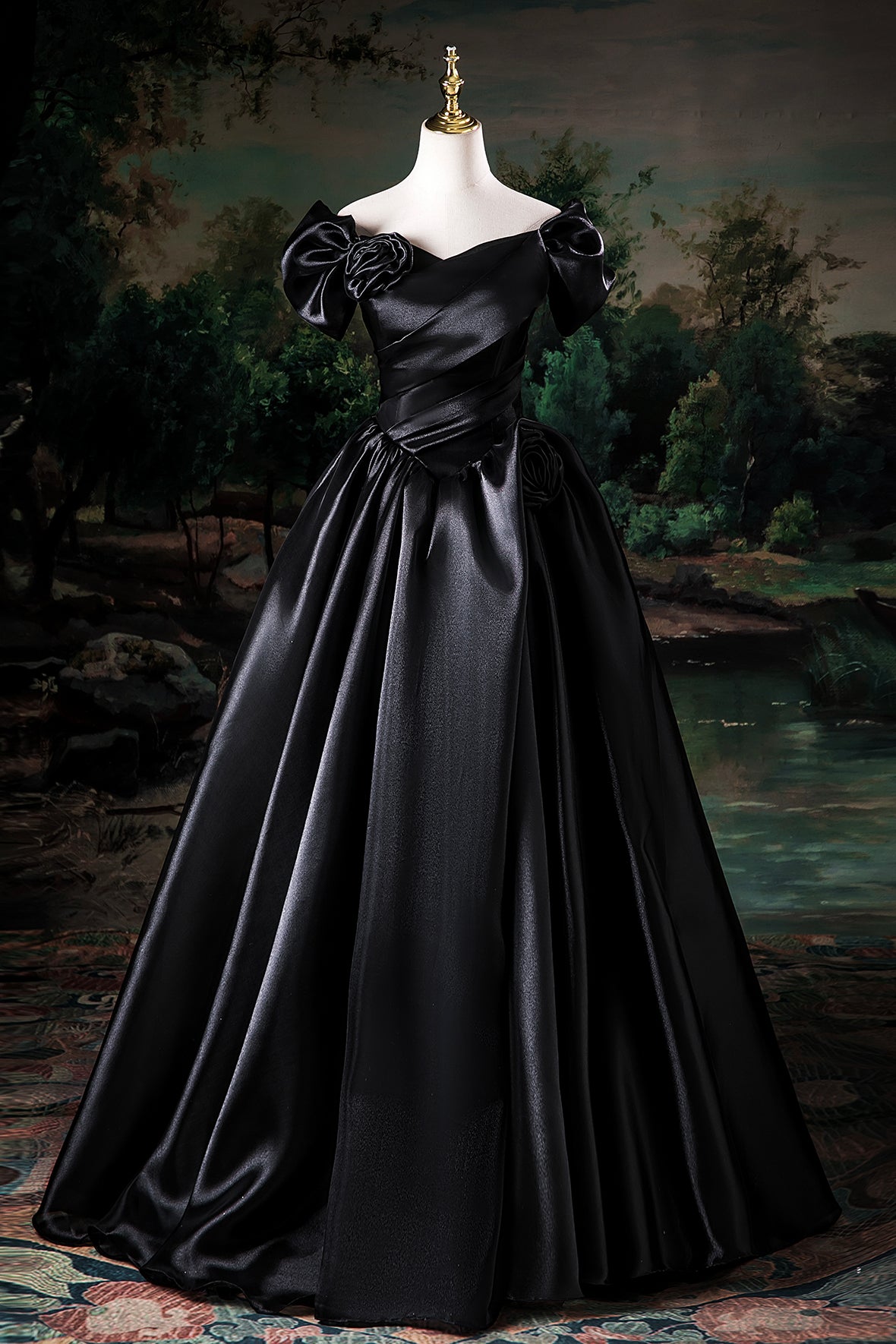 Black Satin Floor Length Prom Dress, Black Off the Shoulder Party Dres