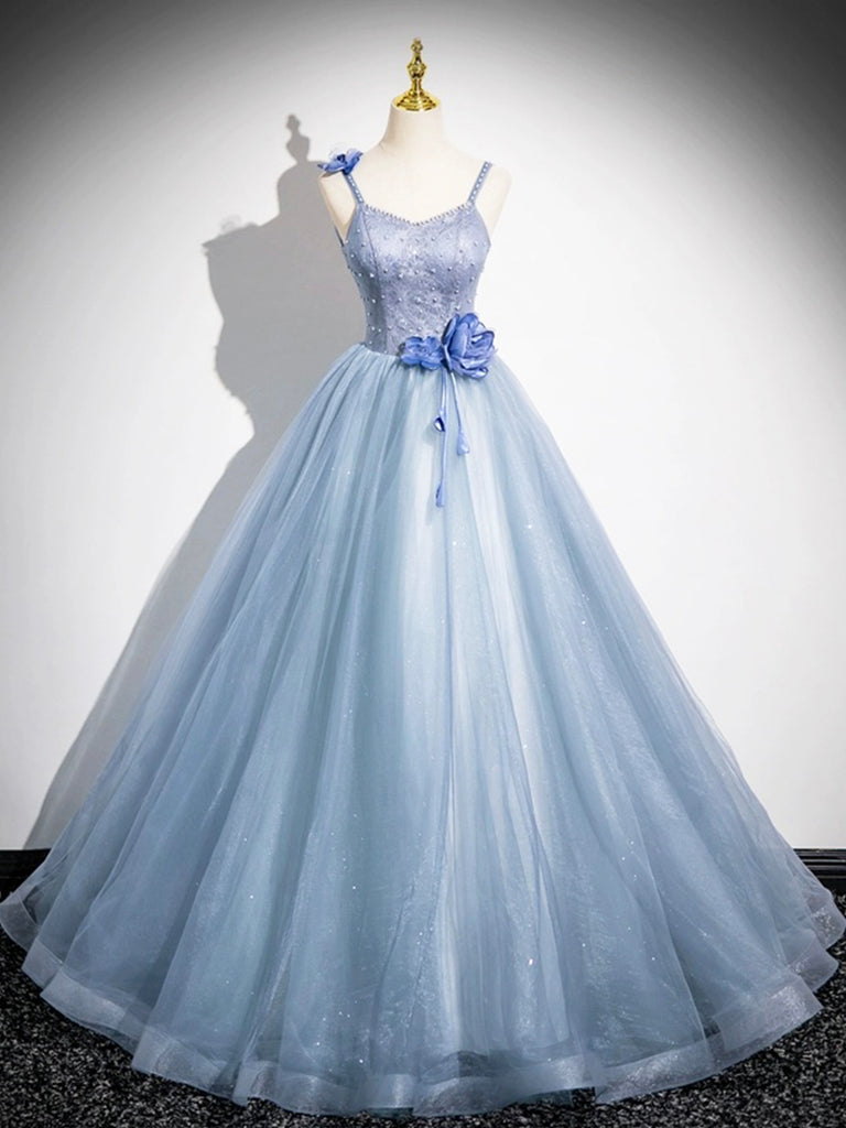 Blue Tulle Lace Floor Length Formal Dress, A-Line Spaghetti Strap Back