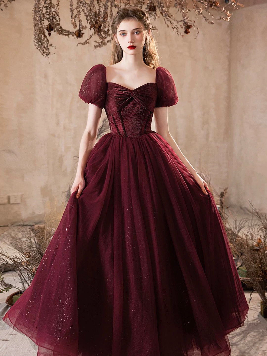 beautiful burgundy prom dresses Lace Burgundy Spaghetti Straps V-neck Mermaid Prom Dresses Train,MP625