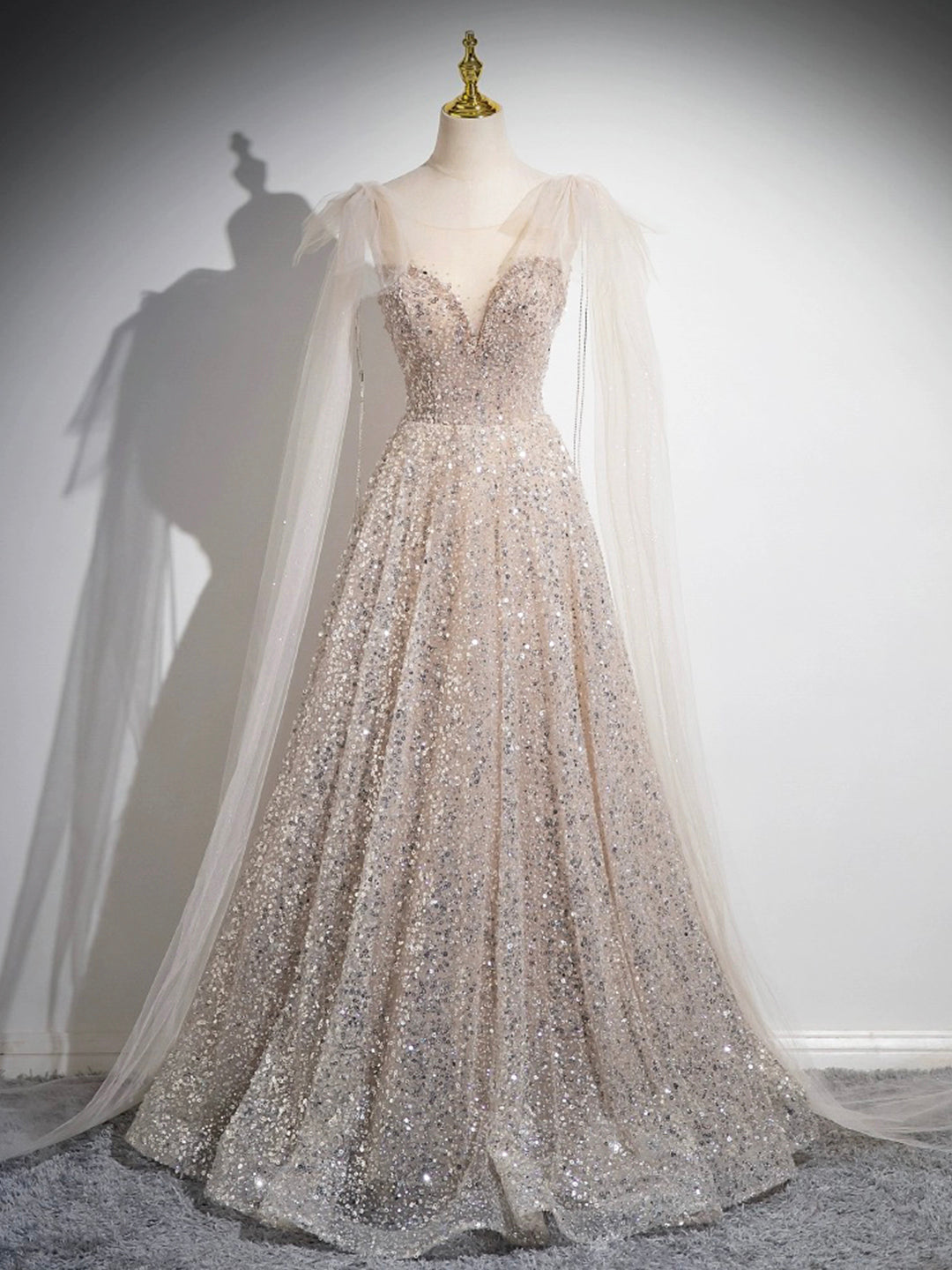 Champagne Tulle Sequins Long Prom Dress, Sparkling A-Line Evening Party Dress US 14 / Champagne Champagne Tulle Sequins Long Prom Dress, Sparkling A-Line Evening Party Dress US 14 / Champagne