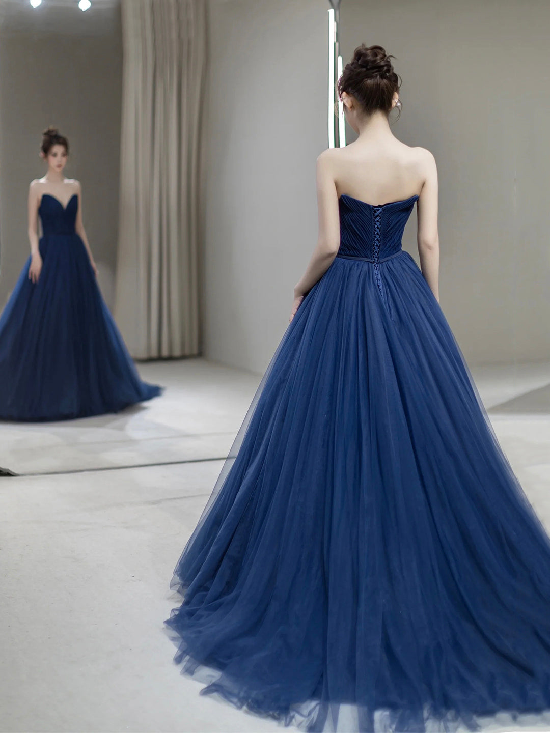 Blue Strapless Tulle Long Prom Dress, Beautiful A-Line Evening Party D