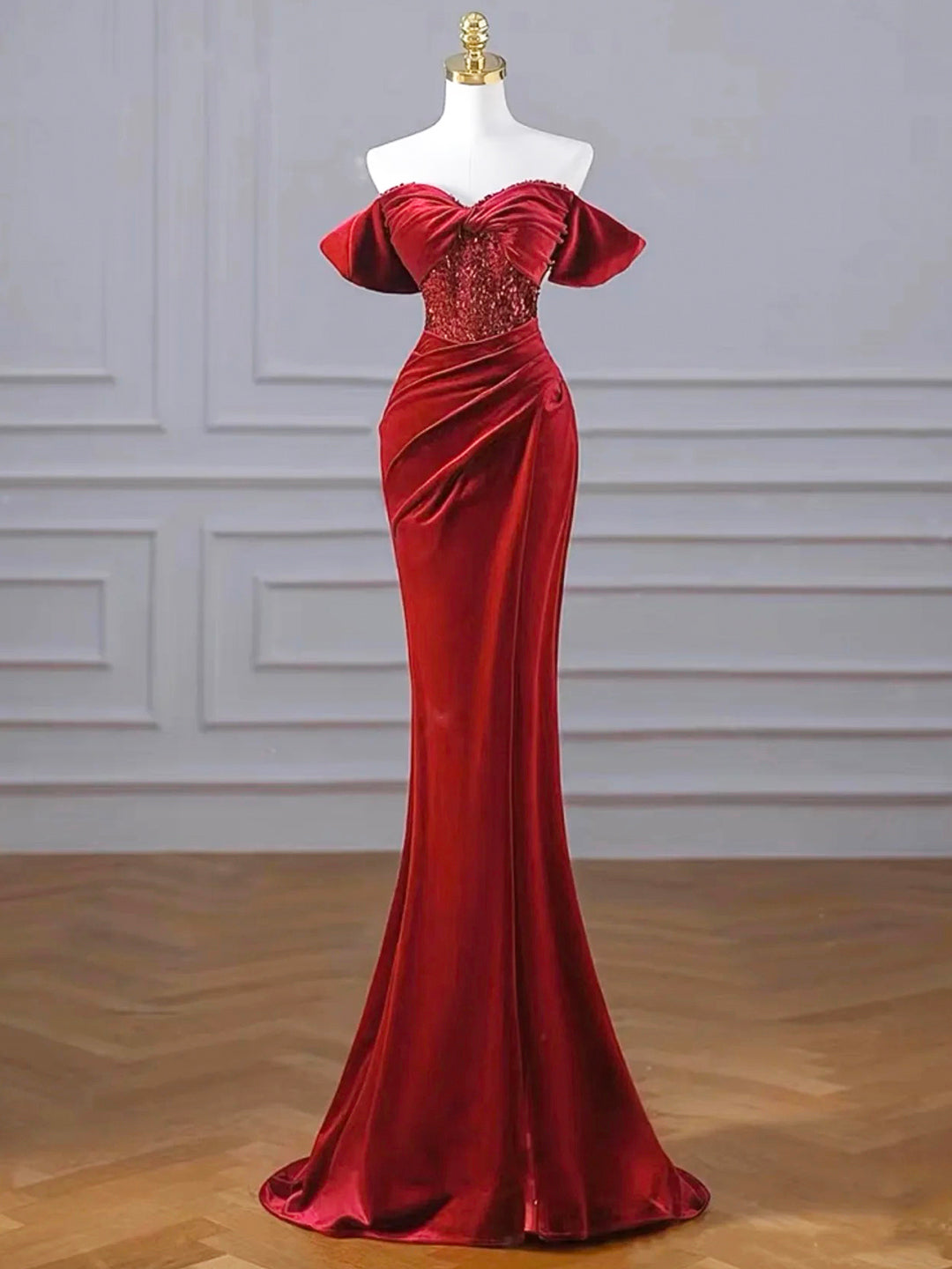 Burgundy Velvet Sequins Long Prom Dress, Mermaid Off The Shoulder Party Dress with Slit US 14 / Custom Color Burgundy Velvet Sequins Long Prom Dress, Mermaid Off The Shoulder Party Dress with Slit US 14 / Custom Color