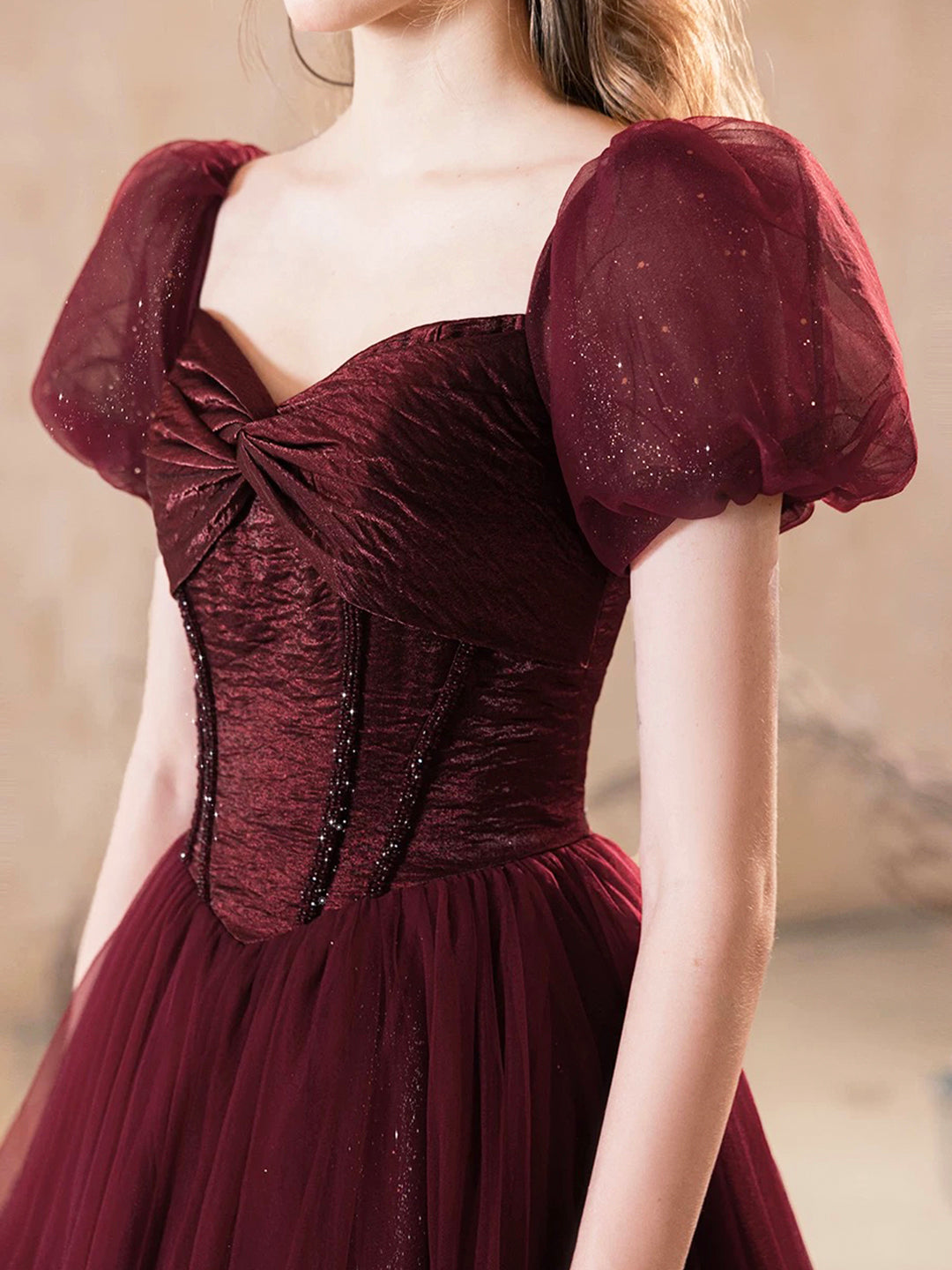 Burgundy Shiny Tulle Floor Length Prom Dress, Pretty A-Line Short Sleeve Party Dress US 4 / Burgundy Burgundy Shiny Tulle Floor Length Prom Dress, Pretty A-Line Short Sleeve Party Dress US 4 / Burgundy