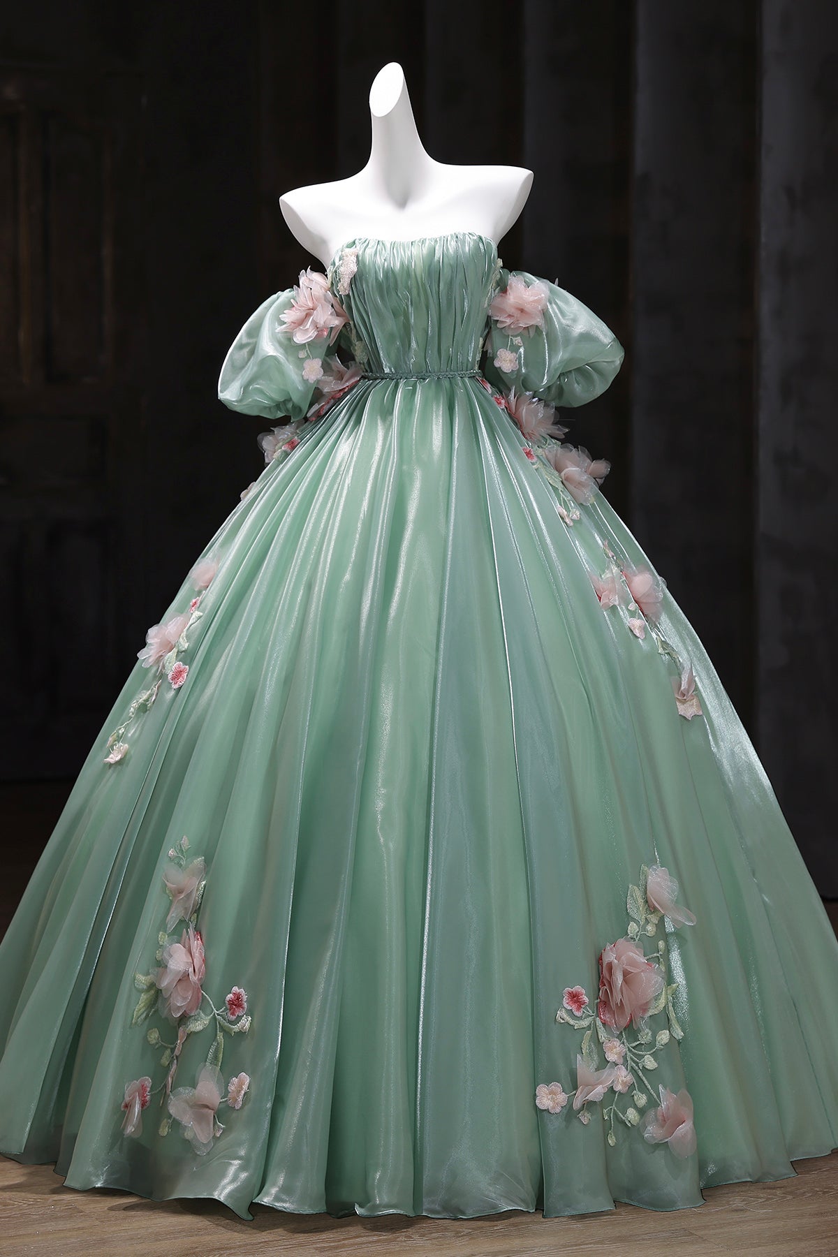 Green Tulle Flower Long Prom Dress, A-Line Off the Shoulder Evening Party Dress US 10 / Green Green Tulle Flower Long Prom Dress, A-Line Off the Shoulder Evening Party Dress US 10 / Green