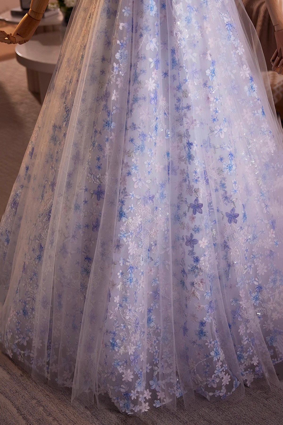 Blue Flower Fairy Tulle Long Prom Dress, Beautiful Off the Shoulder Pa