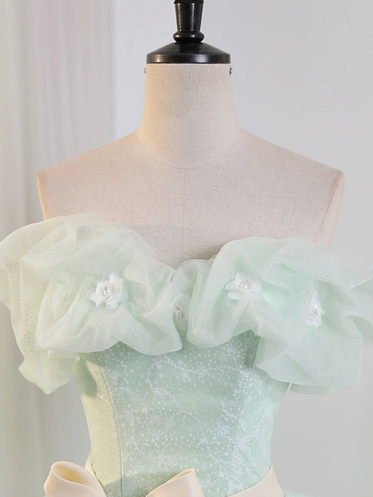 Beautiful Sage Green Tulle Floor Length Prom Dresses, A-Line Off the S