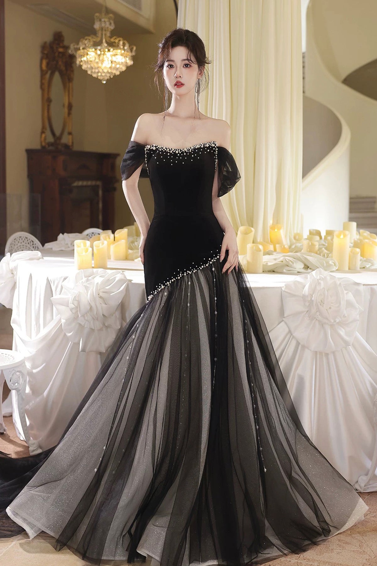 Black Velvet Off Shoulder Mermaid Evening Gown Beaded Tulle Train Formal Dress Custom Size / Black Black Velvet Off Shoulder Mermaid Evening Gown Beaded Tulle Train Formal Dress Custom Size / Black
