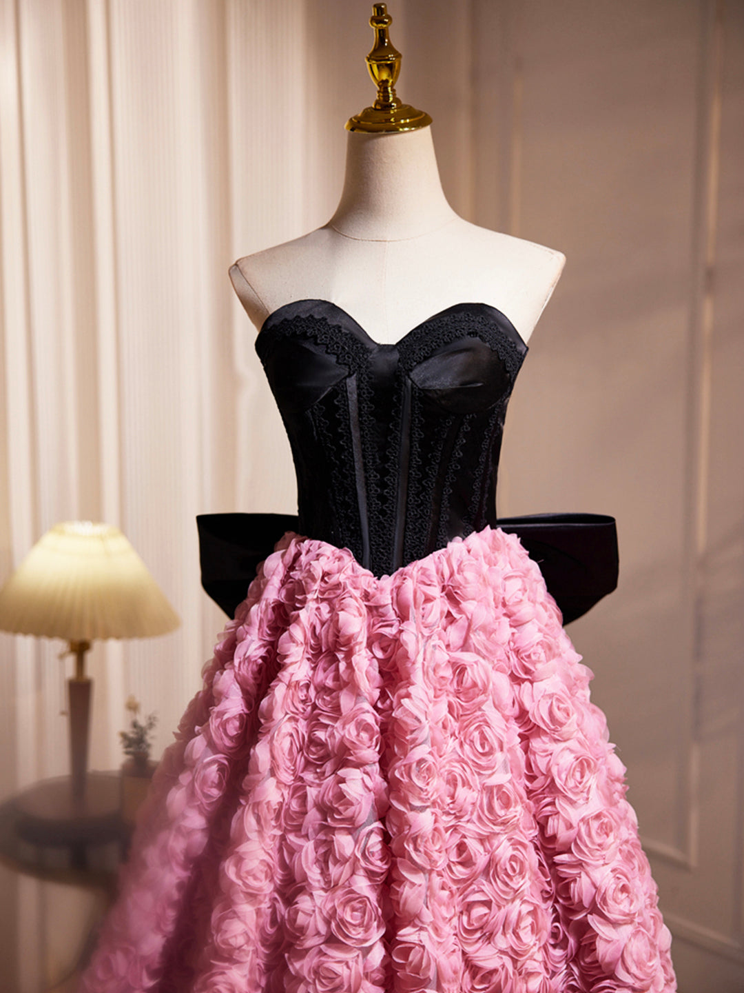 Black Satin and Pink Ruffle Flower Short Prom Dress, Lovely A-Line Str