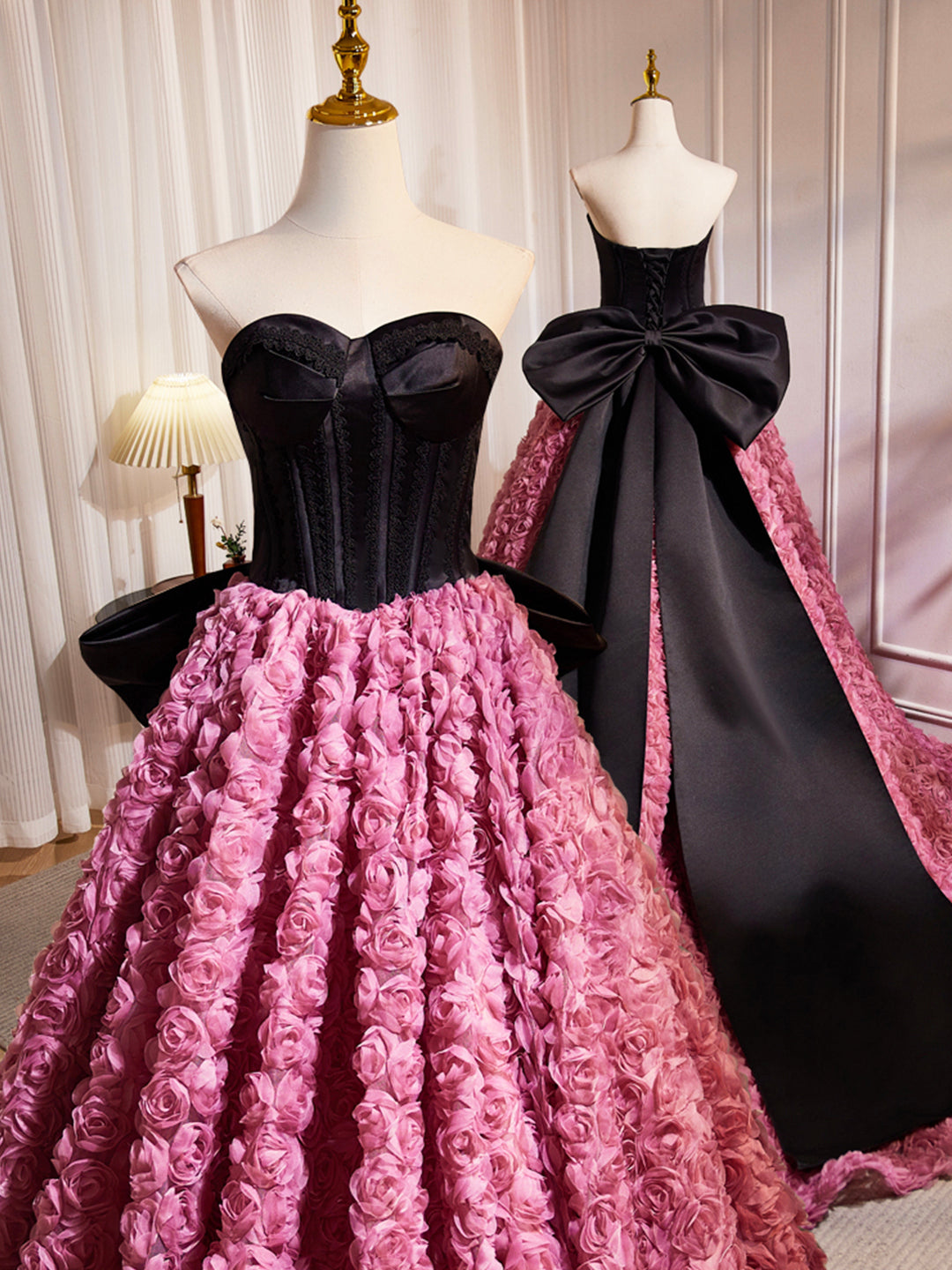 Black Satin and Pink Ruffle Flower Long Prom Dress, Lovely A-Line Strapless Bow Party Evening Dress US 2 / Same As Picture Black Satin and Pink Ruffle Flower Long Prom Dress, Lovely A-Line Strapless Bow Party Evening Dress US 2 / Same As Picture